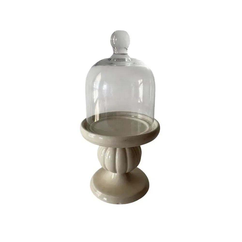 Ceramic Pedestal Display Stand Glass Cloche Dome Cream Cottagecore Decor